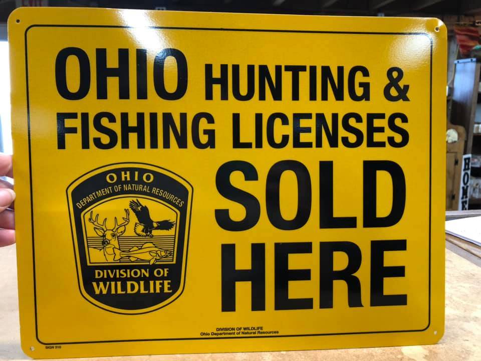 Ohio hunting and fishing licenses sold here here sign